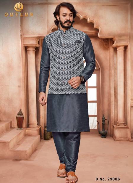 Gray Colour Outluk 29 Art Silk With Lucknowi Work Party Wear Kurta Pajama With Modi Jacket Mens Collection 29006